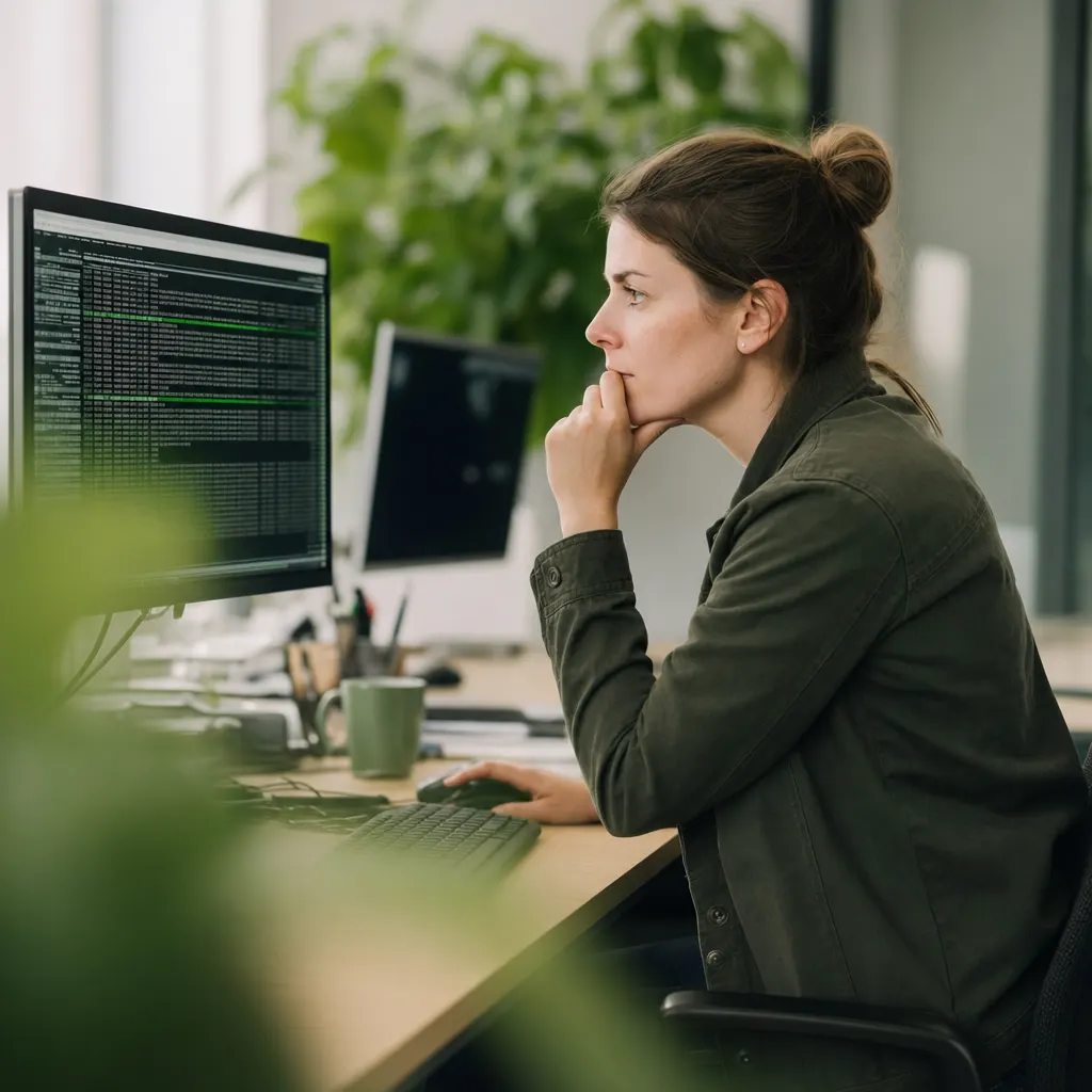 IT-Technikerin analysiert Logdaten auf einem Monitor bei der Ursachensuche