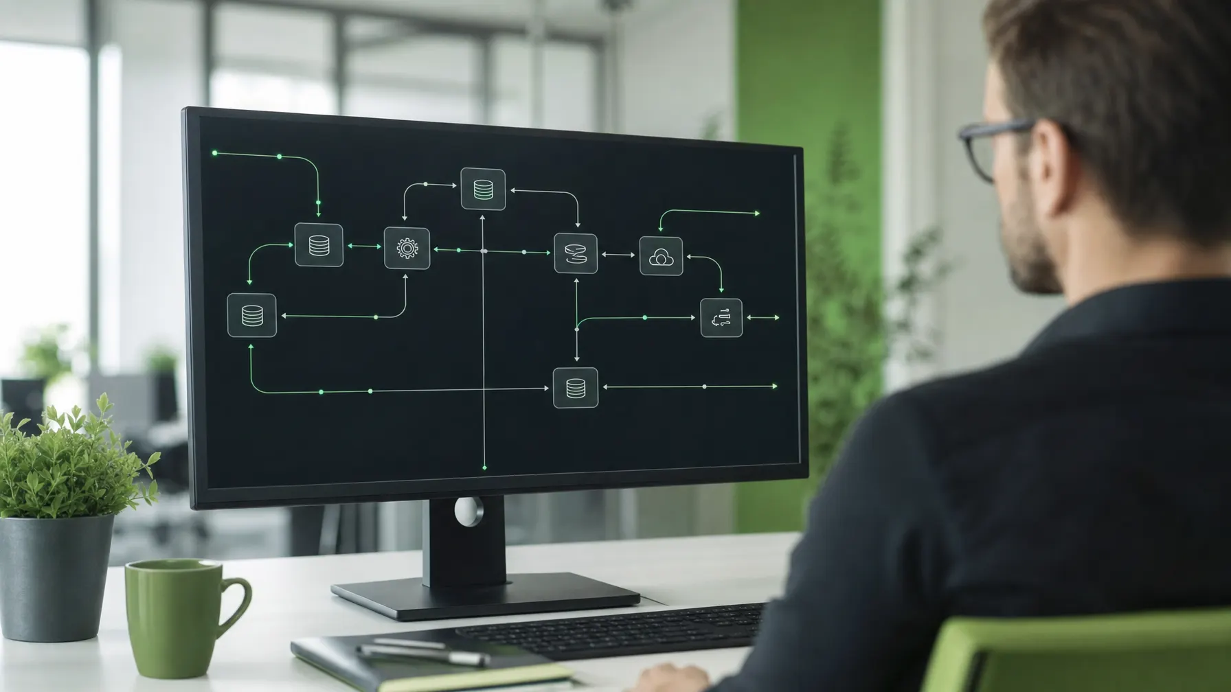 IT-Architekt prüft den Datenfluss zwischen mehreren Systemen am Bildschirm