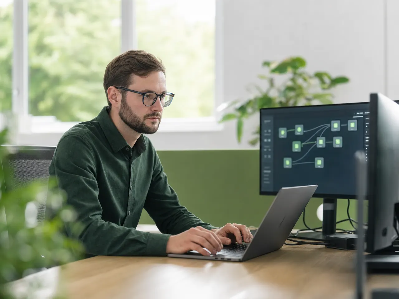 Technikerin prüft Protokolle einer laufenden Datenübertragung am Monitor