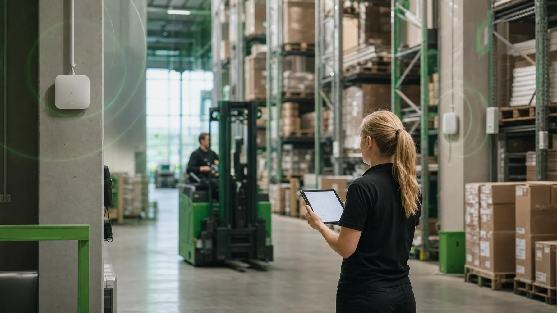 Modernes Logistikzentrum mit hohen Regalen und Netzwerktechnik