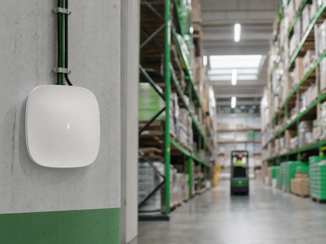 Robust montierter Access Point unter dem Hallendach eines Lagers
