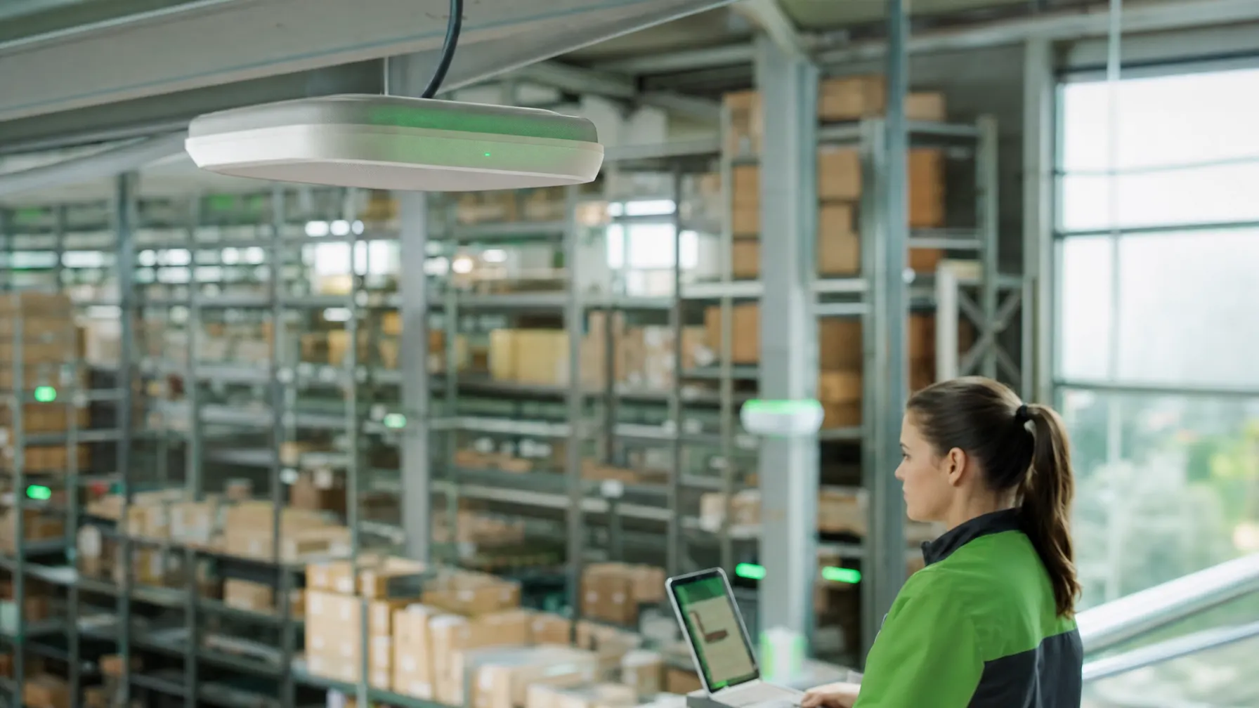 Modernes Logistikzentrum mit hohen Regalreihen und WLAN-Access-Points