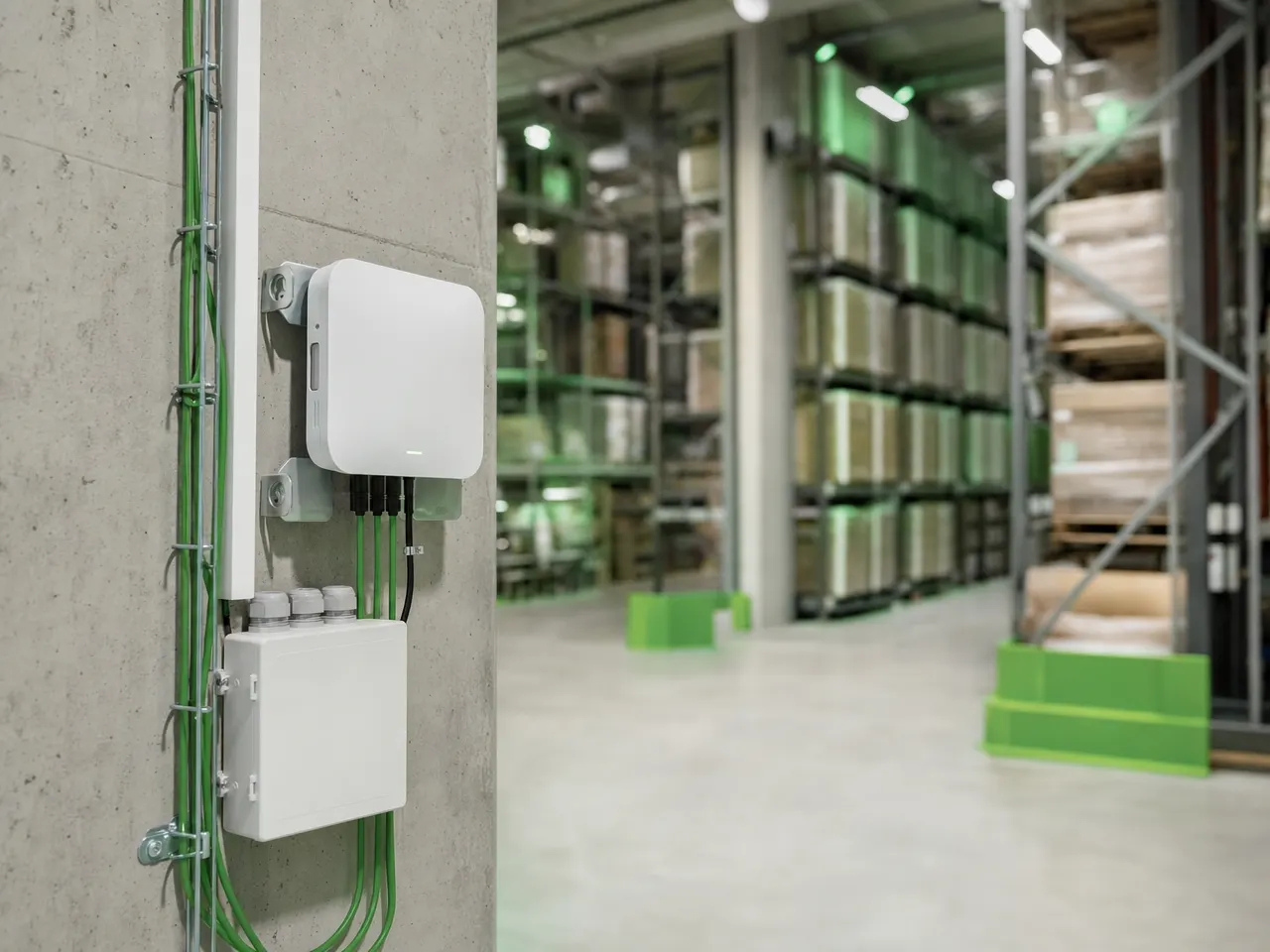 Access Point und Netzwerktechnik in einer großen Lagerhalle mit hohen Regalen