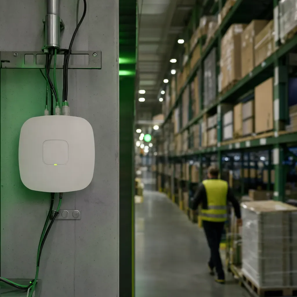 Access Point und Netzwerktechnik in einer großen Lagerhalle