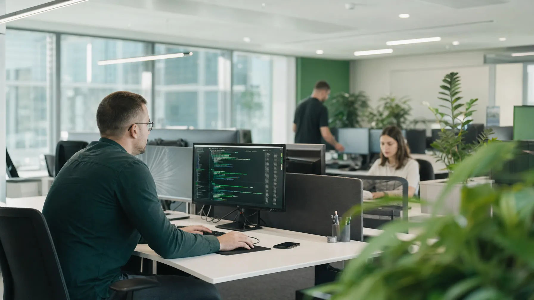 Helles Büro eines IT-Dienstleisters mit Arbeitsplätzen und Netzwerktechnik