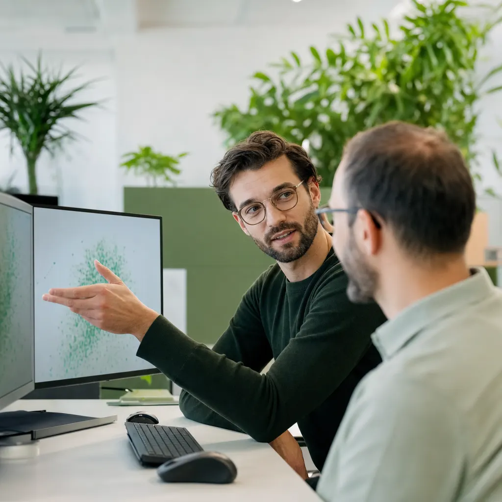 IT-Berater erklärt eine Lösung verständlich an einem Bildschirm