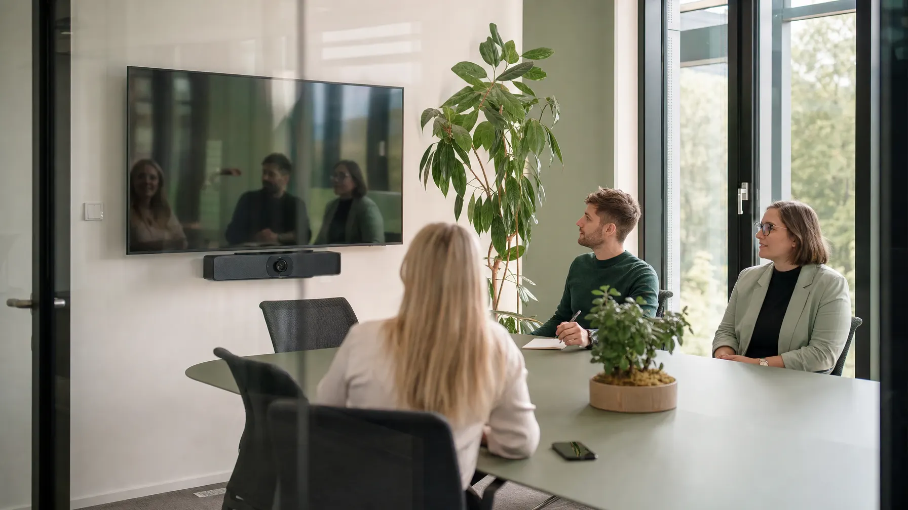 Konferenzraum mit Videokonferenztechnik und Bildschirm im Betrieb