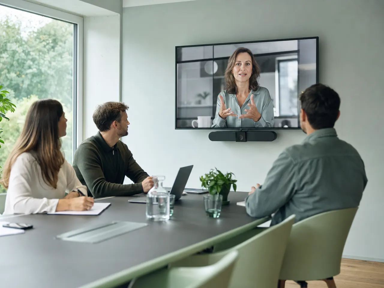 Videokonferenz in einem hellen Meetingraum mit großem Bildschirm