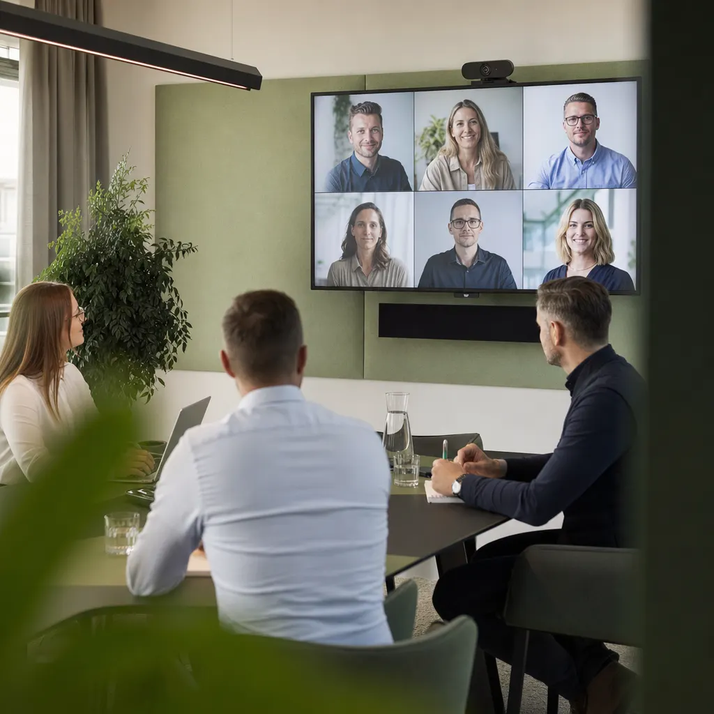 Moderner Meetingraum mit großem Display und Videokonferenztechnik