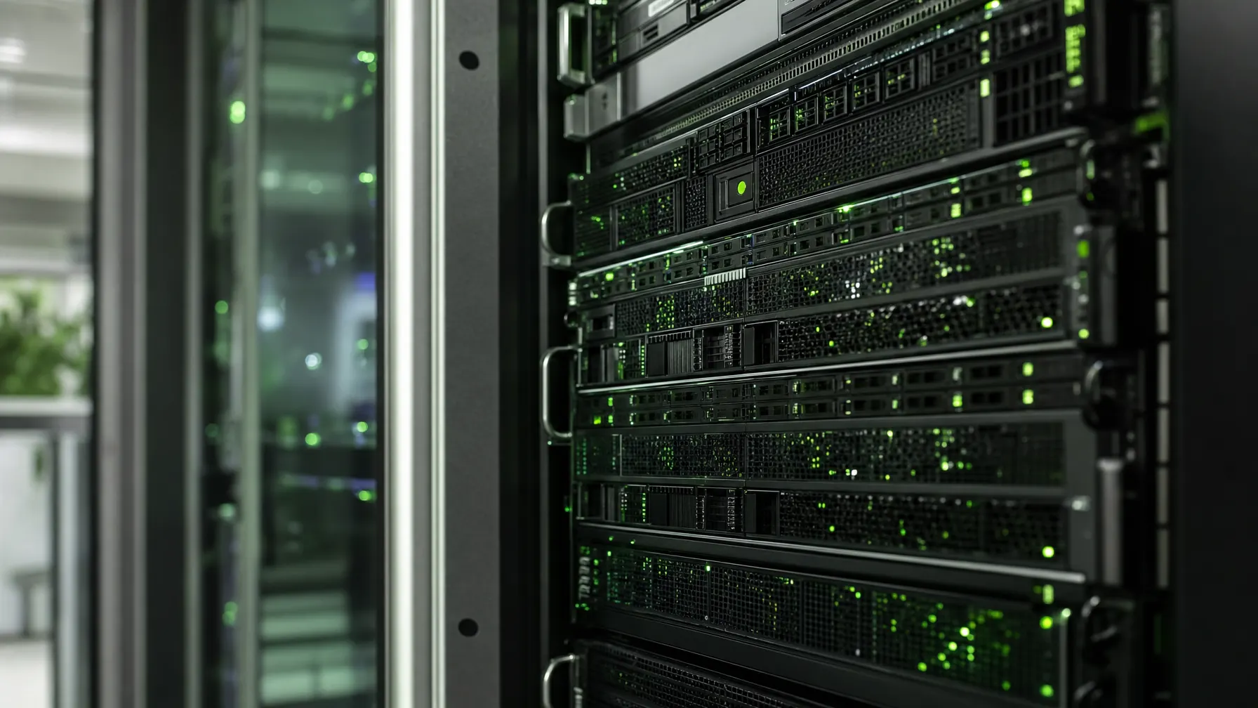 Serverrack mit virtualisierten Systemen und grün leuchtenden Betriebsanzeigen
