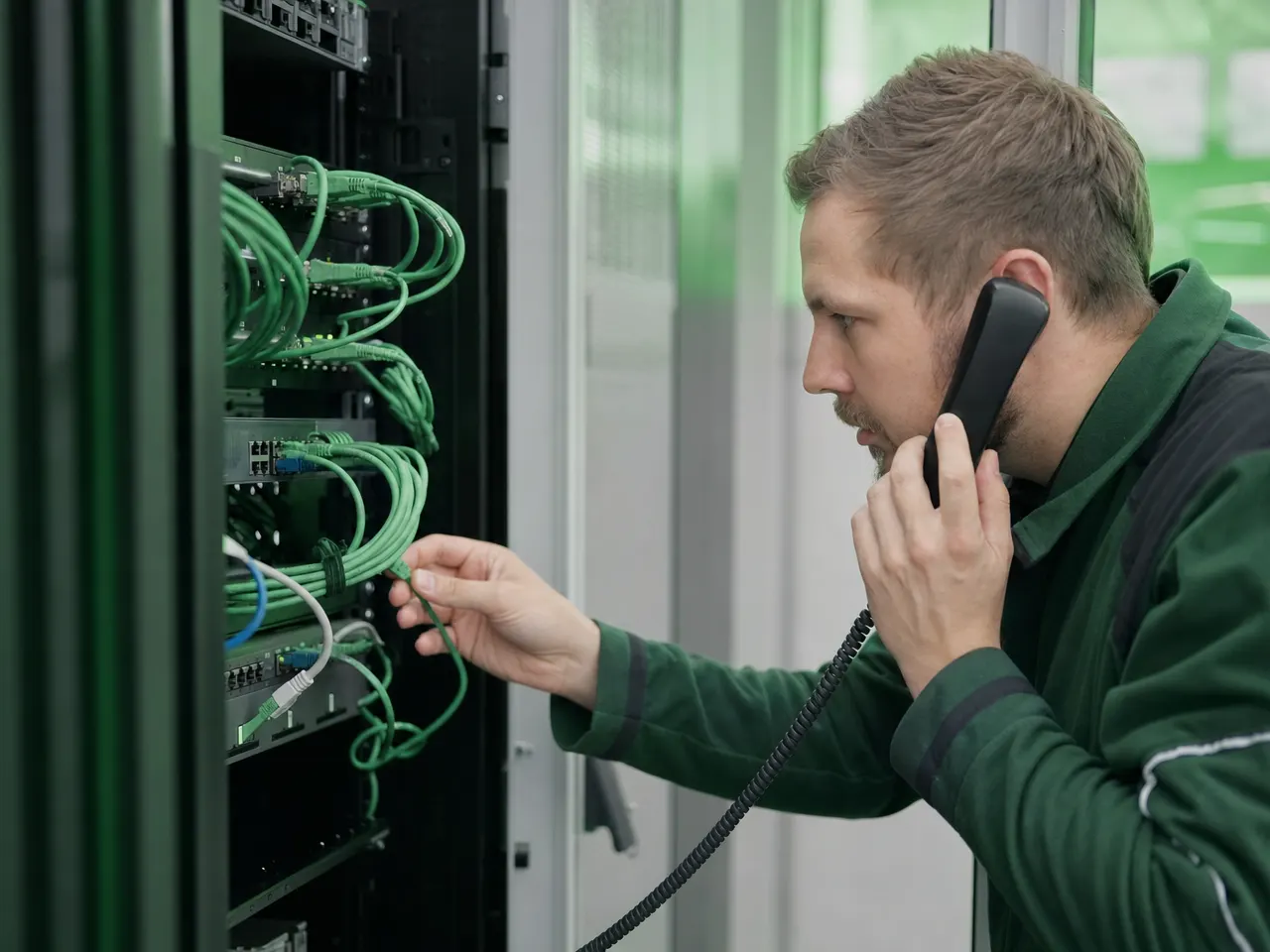 IT-Techniker prüft Netzwerkanschlüsse und Telefonie im Technikraum
