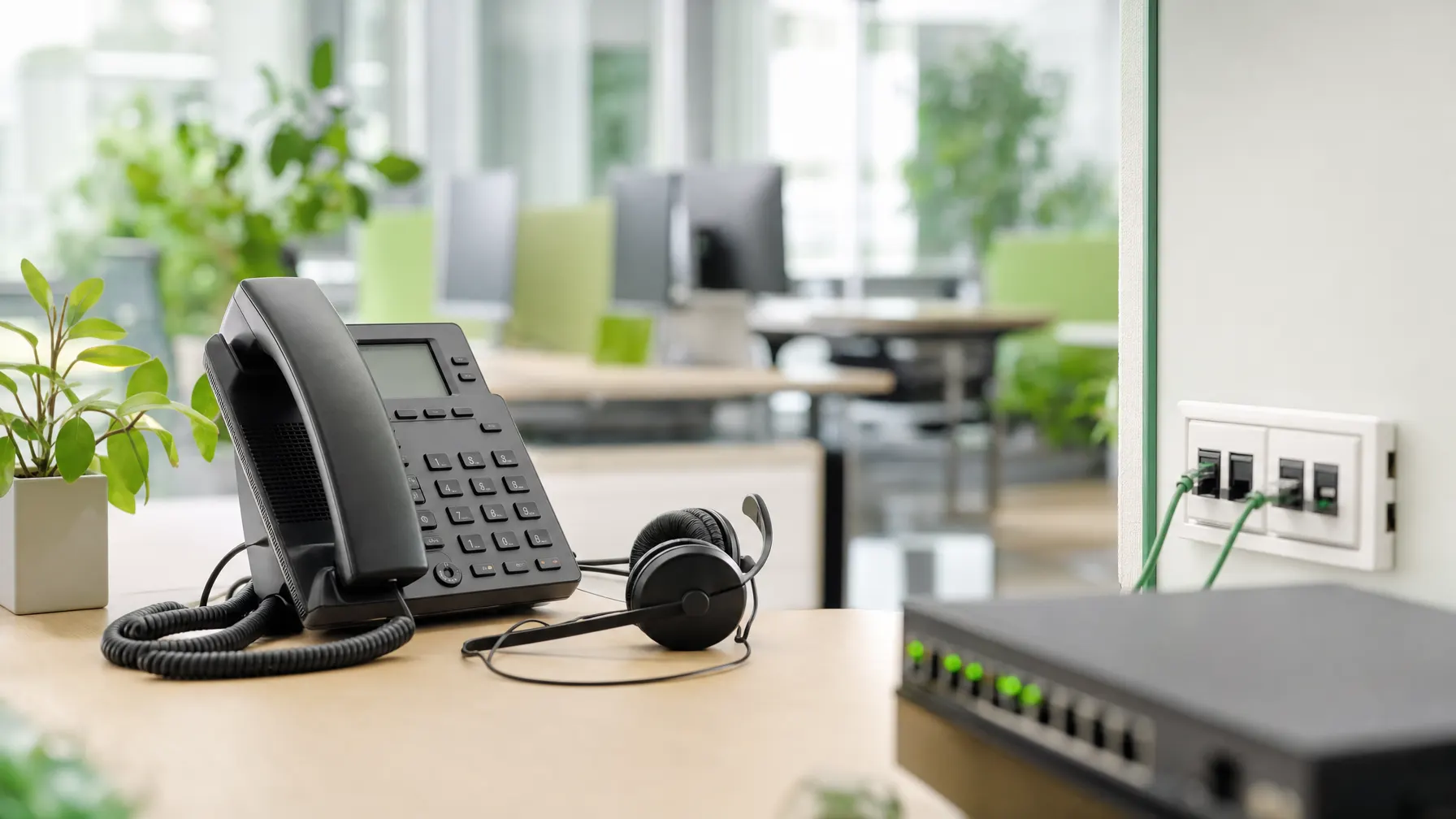 Büroarbeitsplatz mit Tischtelefon und Headset, im Hintergrund vernetzte Bürotechnik