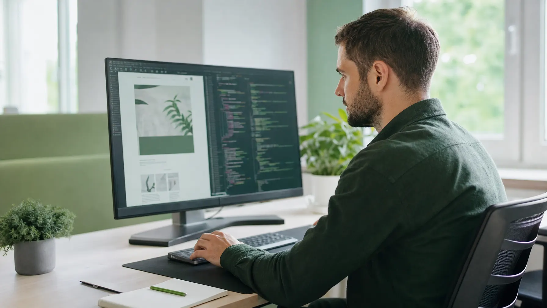Webentwickler prüft eine Unternehmensseite auf Bildschirm und Smartphone